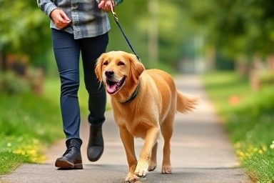 Owner and dog enjoying a safe walk with automatic leash.